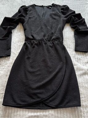 Speechless Black Sparkle Puff-Sleeve Wrap Mini Dress